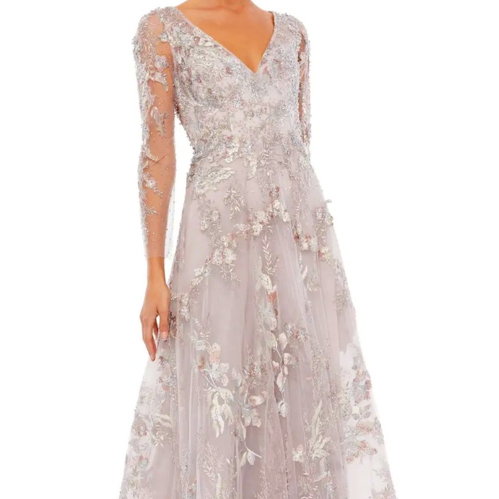 Mac Duggal Vintage Lilac Floral Embroidered Long Sleeve A-Line Gown